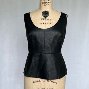 BCBGMaxAzria Black Faux Leather Top Sleeveless Tank Peplum Waist Size Large